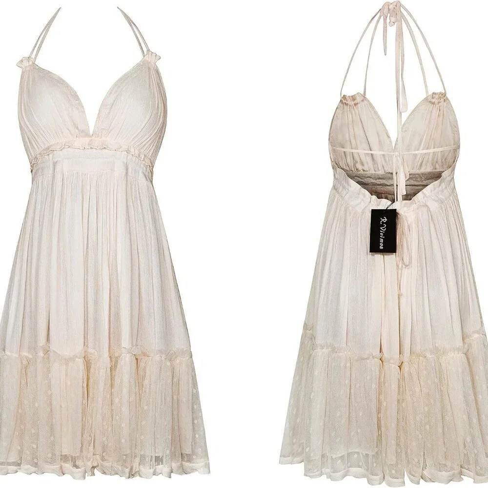 Womens Mini Dress Rayon Cotton Mesh Halter Deep V Neck Party Vacation - Picture 7 of 7